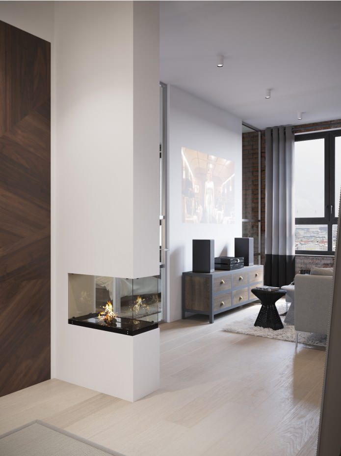 ontwerp van een hal gecombineerd met een woonkamer met een open haard