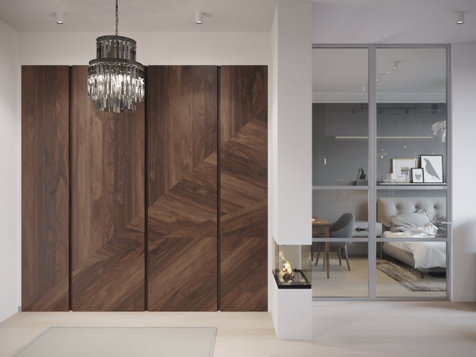 ontwerp van een gang gecombineerd met een woonkamer met open haard
