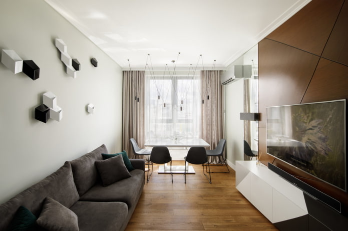 woonkamer van 18 vierkante meter in een moderne stijl