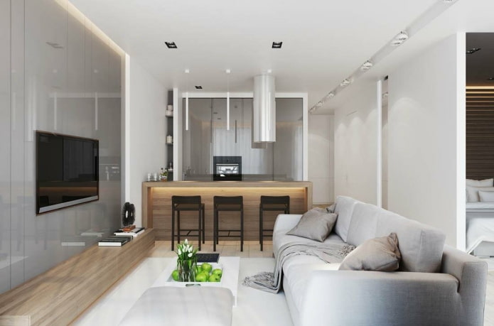 ontwerp van een keuken-woonkamer met 17 vierkanten