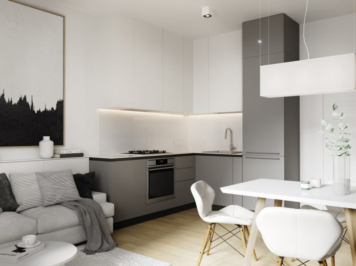 ontwerp van een keuken-woonkamer van 17 vierkante meter