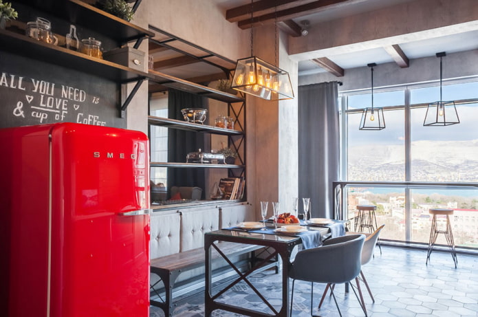ontwerp van een keuken gecombineerd met een loggia in een loftstijl
