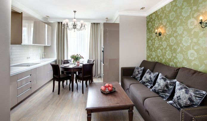 Gordijnen voor de keuken met groen behang