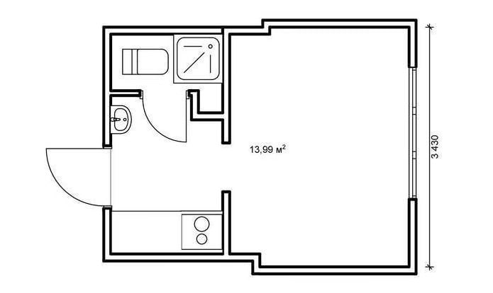 foto van de indeling van een appartement van 14 m?.