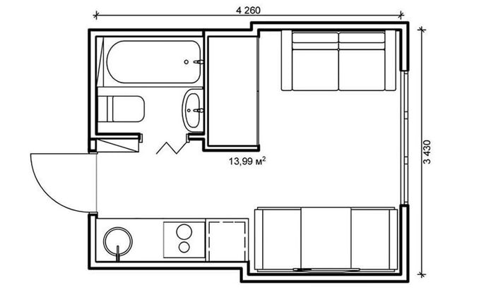 foto van de indeling van de studio van 14 m?.