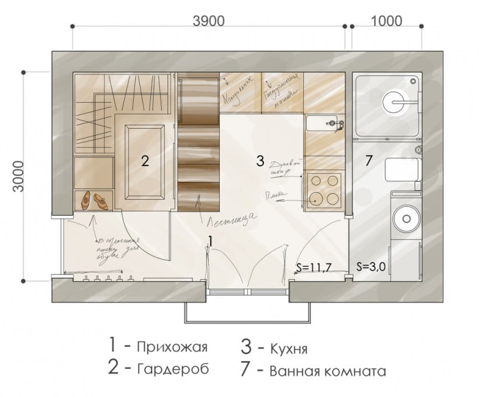 Indeling van een appartement van 15 m?