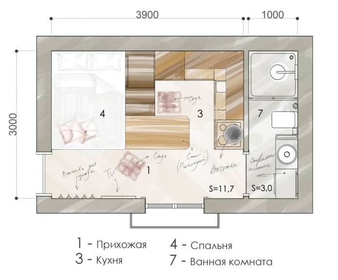 Indeling van een appartement van 15 m?.