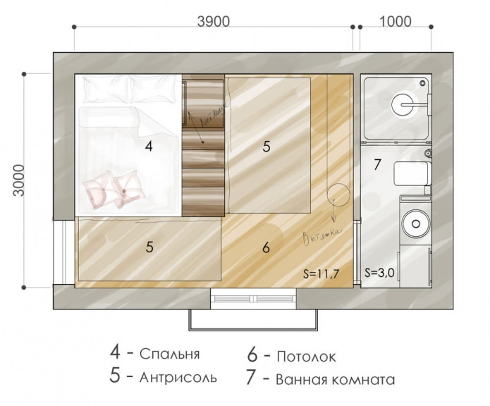 Indeling van een appartement van 15 m?.