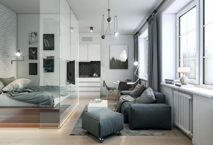 zonering in het interieur van een appartement van 35 vierkante meter