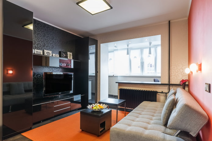 woonkamerontwerp in het interieur van een appartement van 35 vierkante meter
