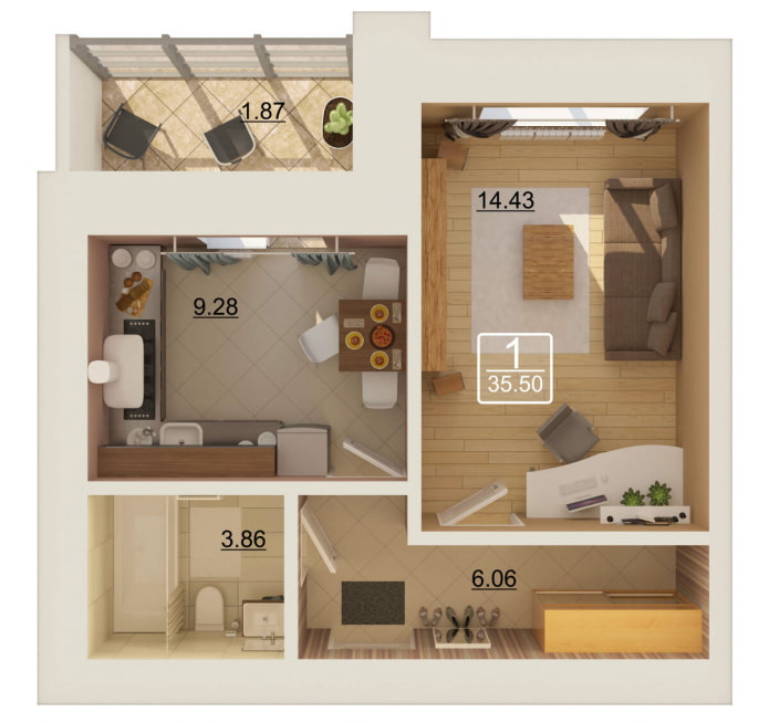 interieur van een eenkamerappartement van 35 vierkante meter