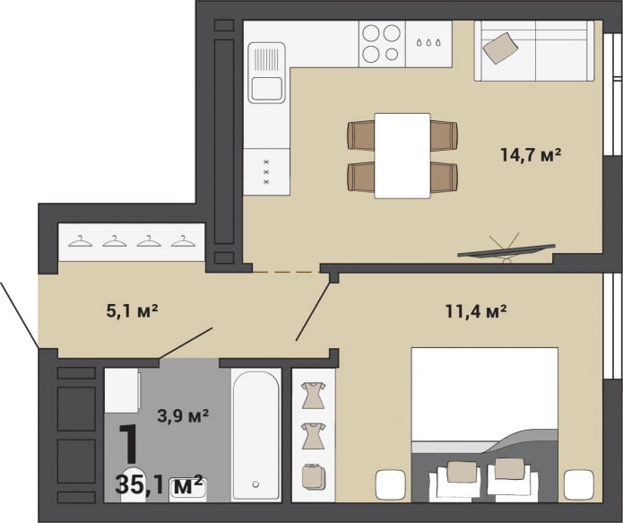 Indeling van een appartement van 35 m?.