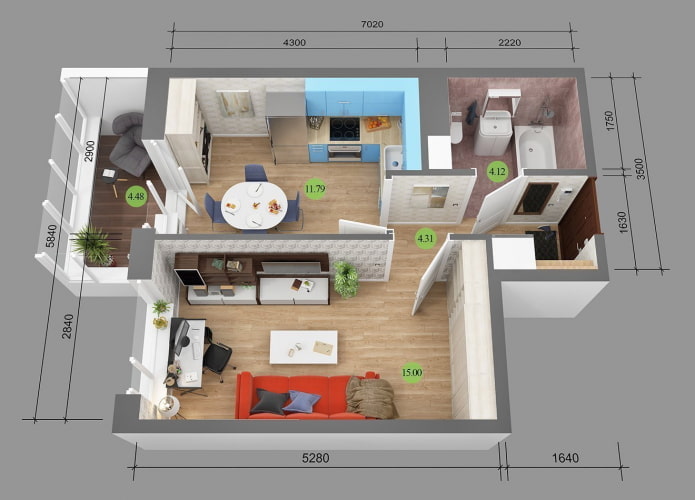 Indeling appartement van 36 vierkante meter
