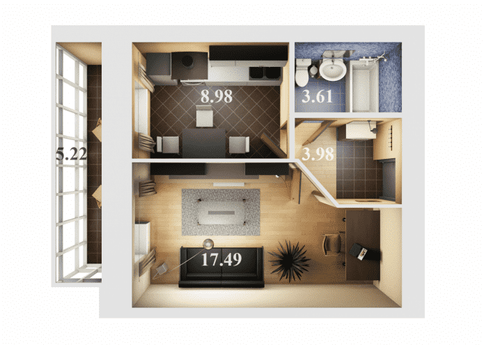 Indeling appartement van 36 vierkante meter
