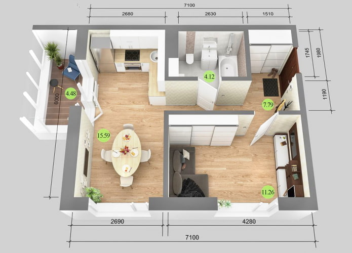 Schema van een appartement van 38 m? met beeldmateriaal