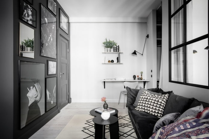 ontwerp van een woonkamer in het interieur van een appartement van 40 vierkante meter