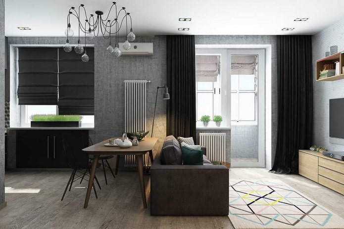 interieur van een 40 vierkante meter groot tweekamerappartement in Europese stijl