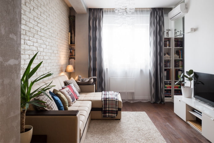 woonkamerontwerp in het interieur van een appartement van 45 vierkante meter