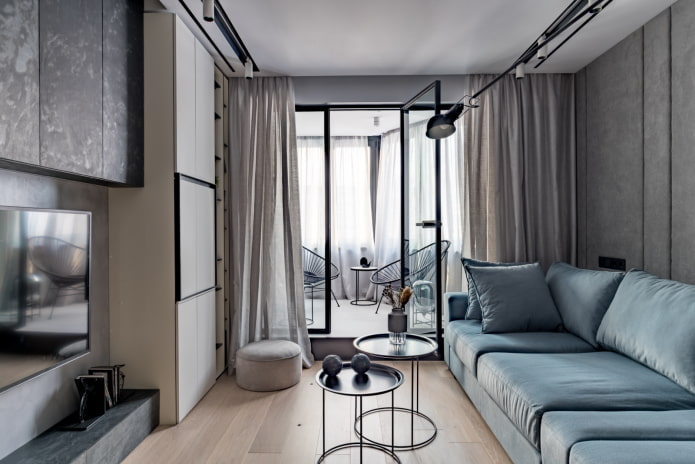 woonkamerontwerp in het interieur van een appartement van 45 vierkante meter