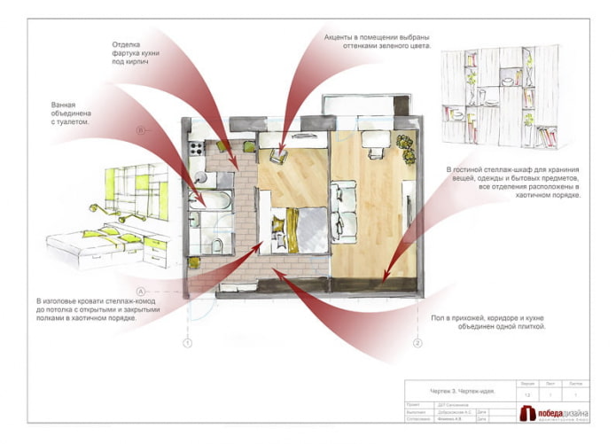 Indeling van een tweekamerappartement van 46 m