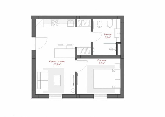 Indeling van een appartement van 50 vierkante meter
