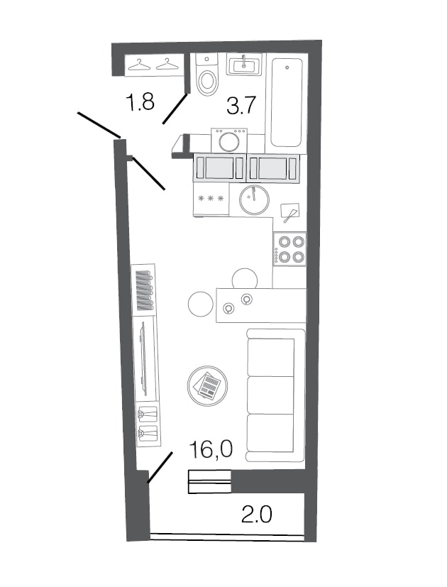 Studio-indeling 20 m?.