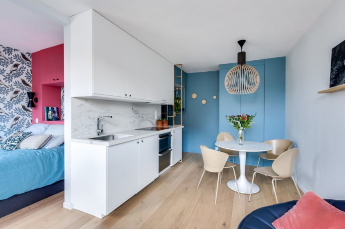 Blauwe muur en kledingkast 