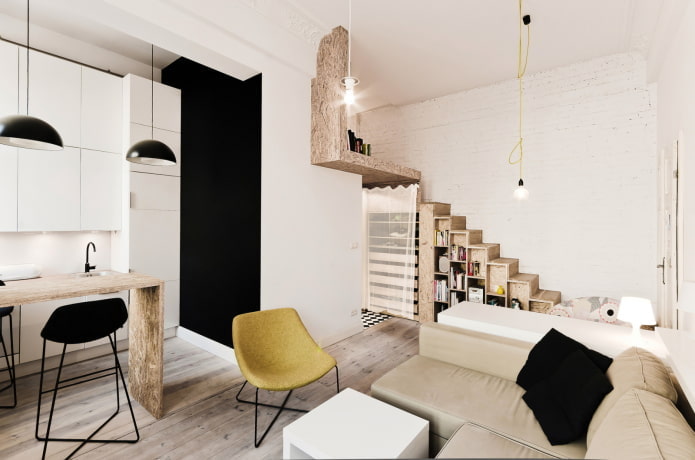 interieur van een studio met twee verdiepingen