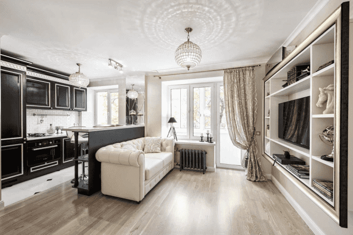 studio-appartementinterieur in een klassieke stijl