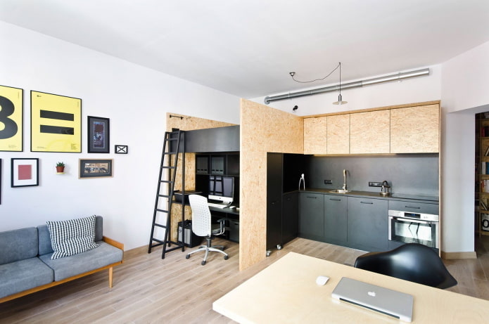 interieur van een studio met twee verdiepingen