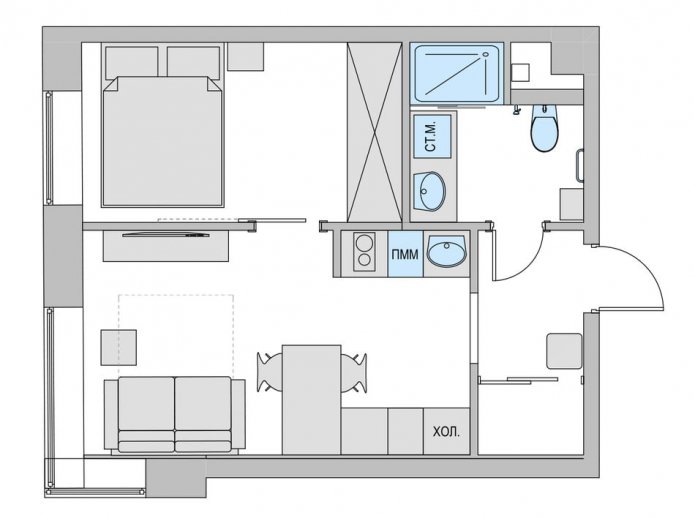 plattegrond van een klein tweekamerappartement