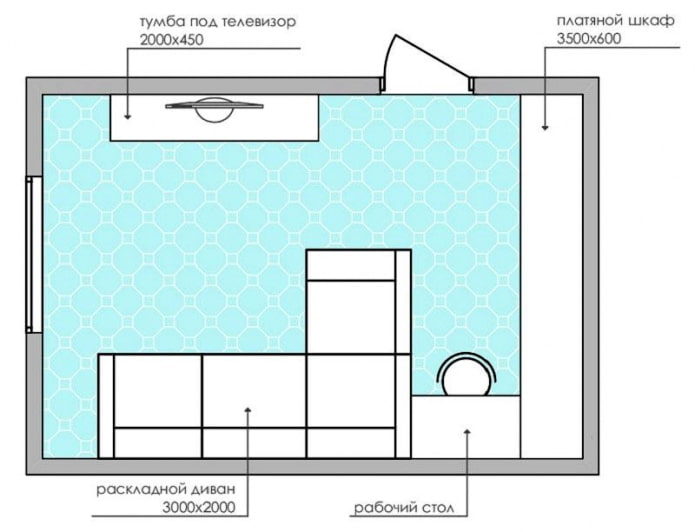 schema van een kleine woonkamer met een hoekbank