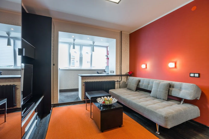 woonkamer in het interieur van een eenkamerappartement in een moderne stijl