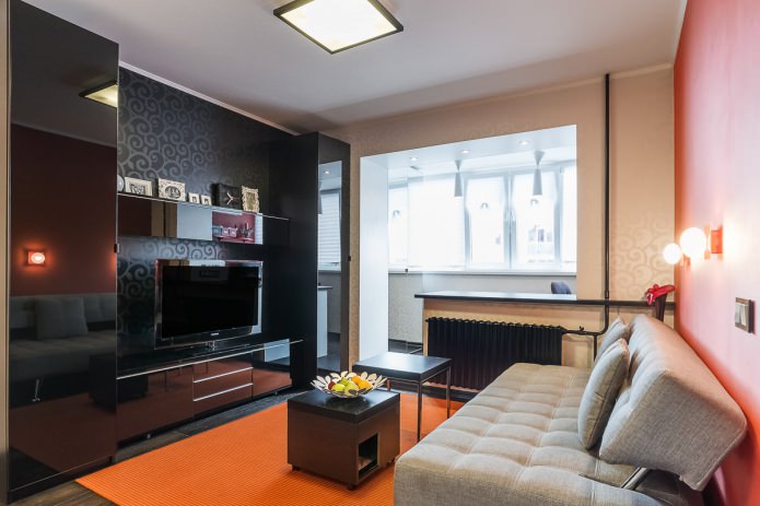 woonkamer in het interieur van een eenkamerappartement in een moderne stijl