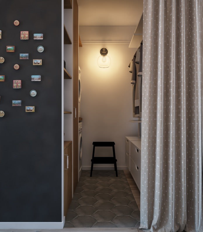 Ontwerp van een kleedkamer in een eenkamerappartement met een uitzwaaiend ontwerp