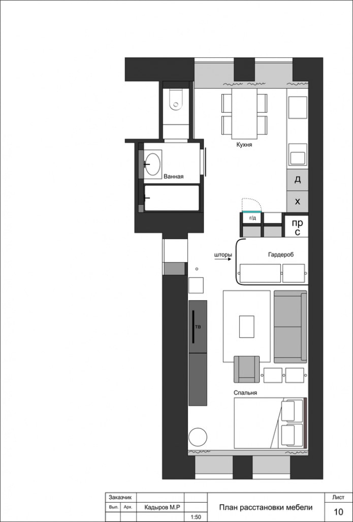 Indeling van een eenkamerappartement met een draaideur