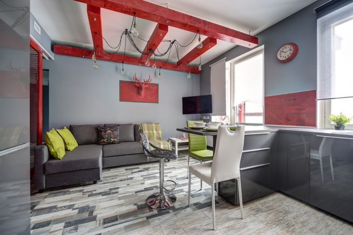 rode balken in het interieur