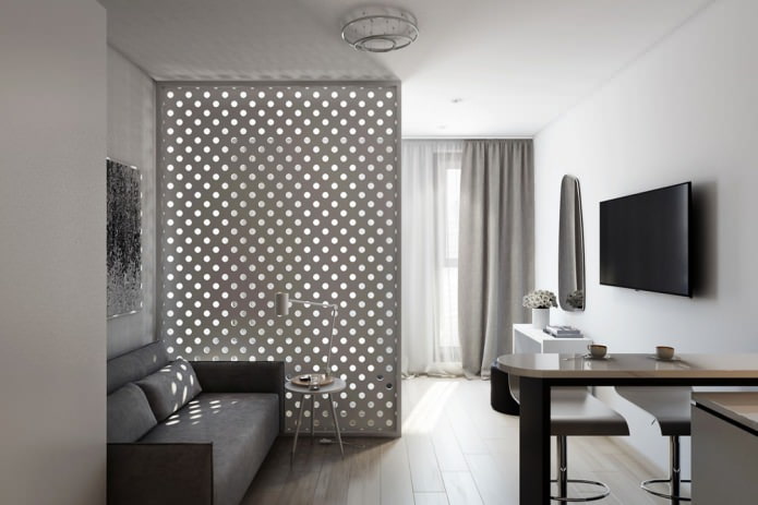 Ontwerpproject van een studio van 29 m? met een decoratieve scheidingswand