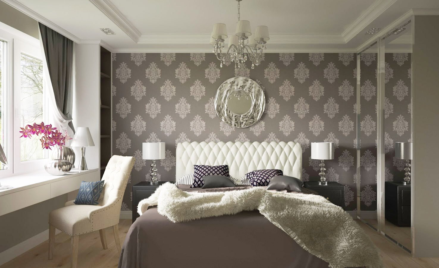 slaapkamerinterieur met grijs behang
