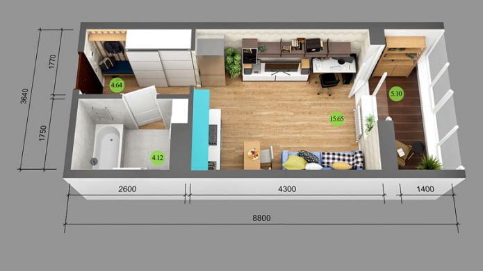 Indeling van een studio-appartement van 25 m?.