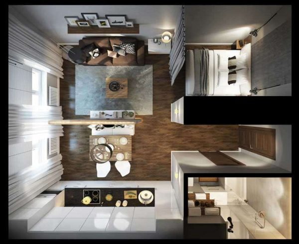 Indeling van een studio-appartement van 25 m?.