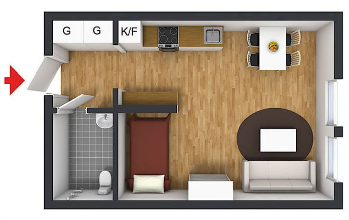 Indeling van een studio-appartement van 25 m?.