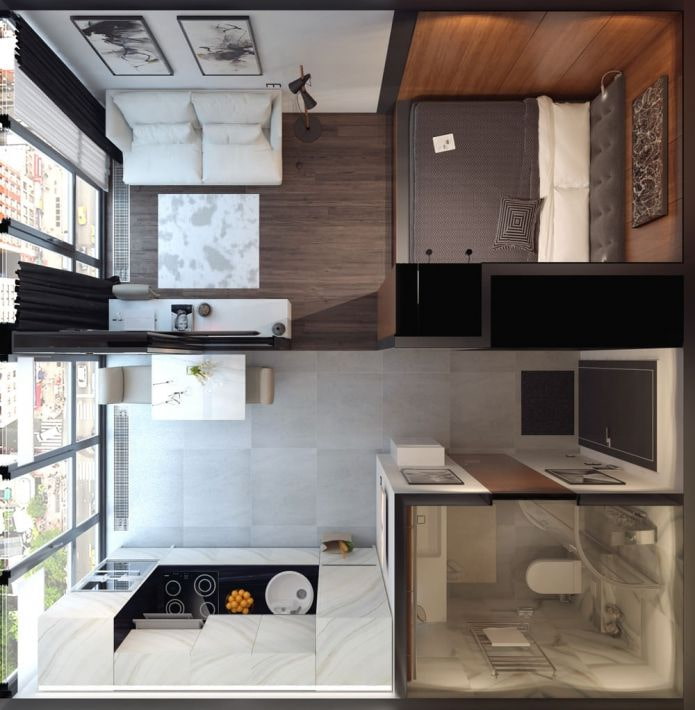 Indeling van een studio van 25 m?.