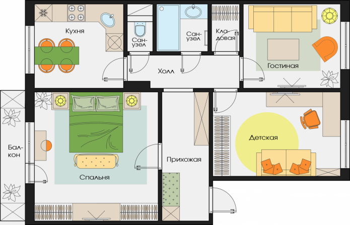 Indeling van een driekamerappartement