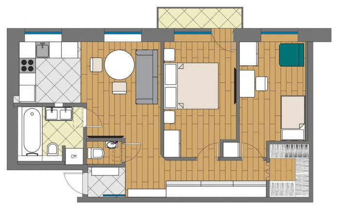 Ontwerp van een driekamerappartement met een woonkeuken