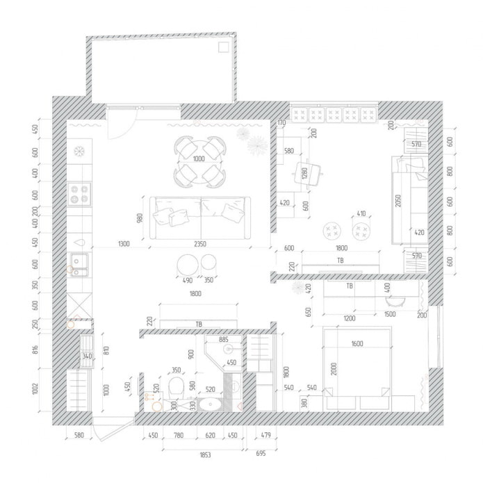 Indeling van een stijlvol driekamerappartement in Europese stijl