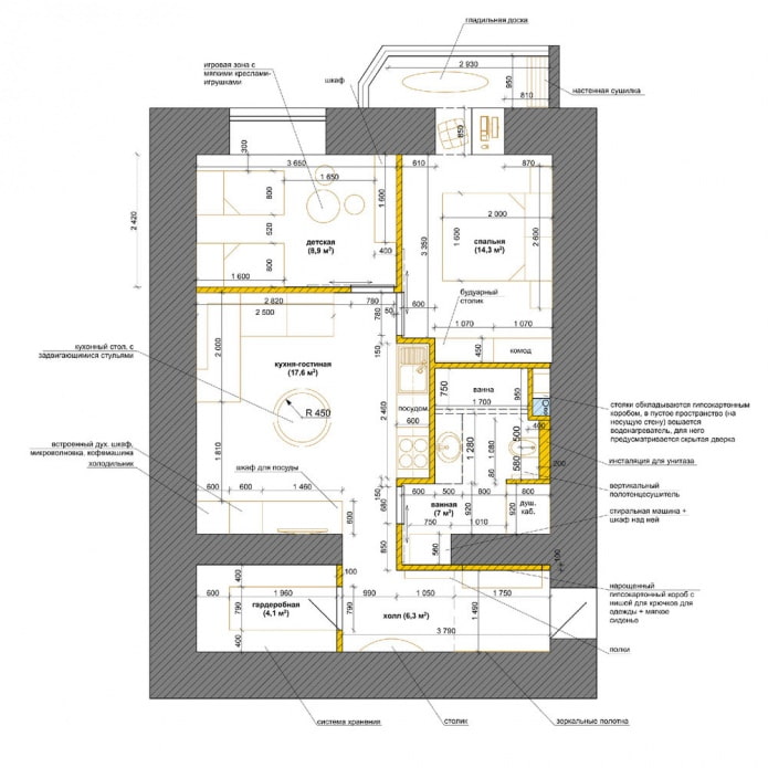 Indeling van het 3-kamerappartement