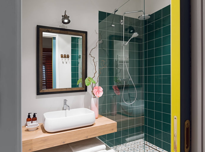 Glazen cabine in een groene badkamer
