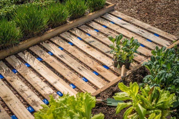 pad tussen bedden gemaakt van planken