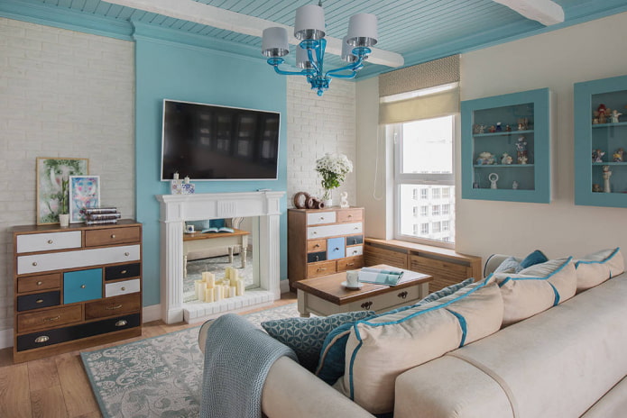 Woonkamer in blauwe tinten